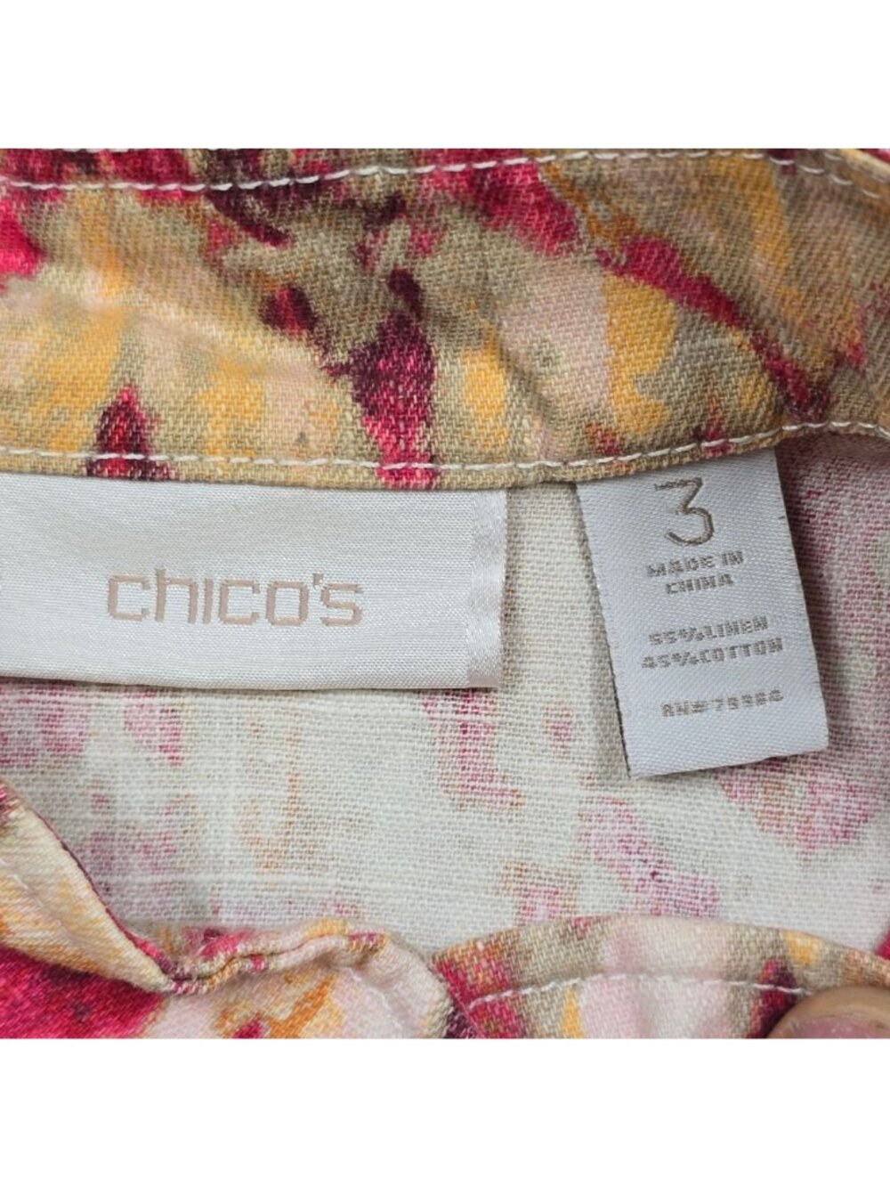 Chicos XL 3 Button-Up Jacket Top Pink Beige Abstract Ikat Linen Cotton Blend - Picture 2 of 4